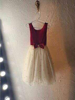 Girls Burgundy and Cream Party Dress with Bow